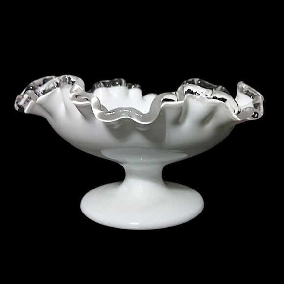 Fenton Silver Crest Compote Pedestal Dish Milk Glass Ruffled Edge Mid Century. - Picture 8 of 16